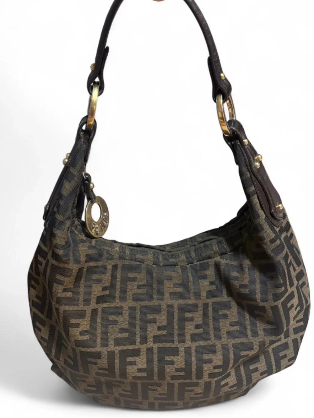 Fendi Brown FF Zucca Canvas Hobo with Gold-Tone Charm